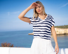 Load image into Gallery viewer, MARBLE STRIPED 7364 V NECK TOP COL 103 NAVY

